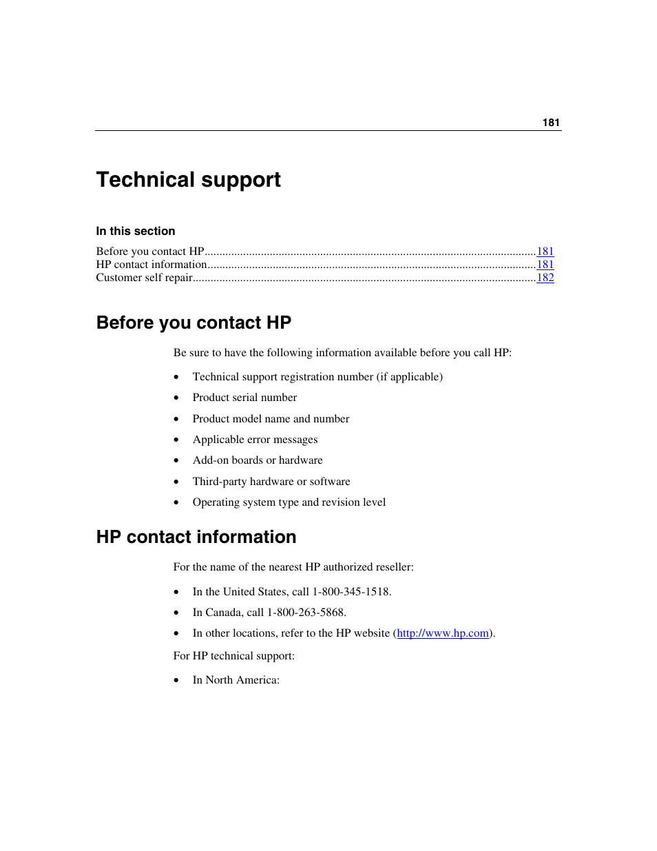 Technical support, Before you contact hp, Hp contact information | HP ProLiant DL580 G3 Server User Manual | Page 181 / 190