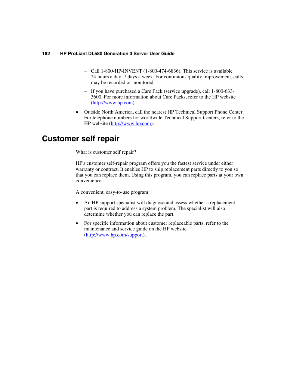 Customer self repair | HP ProLiant DL580 G3 Server User Manual | Page 182 / 190