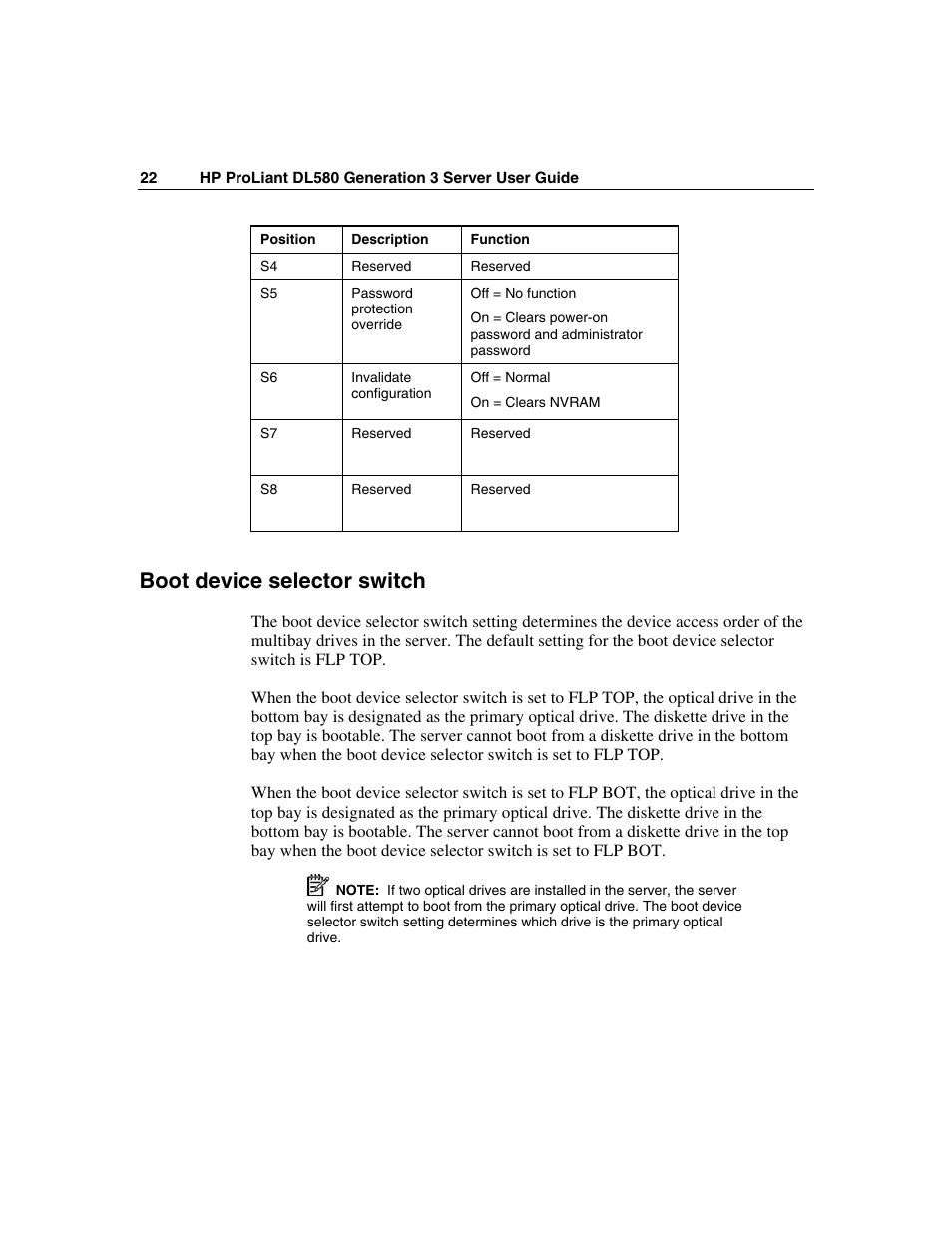 Boot device selector switch | HP ProLiant DL580 G3 Server User Manual | Page 22 / 190