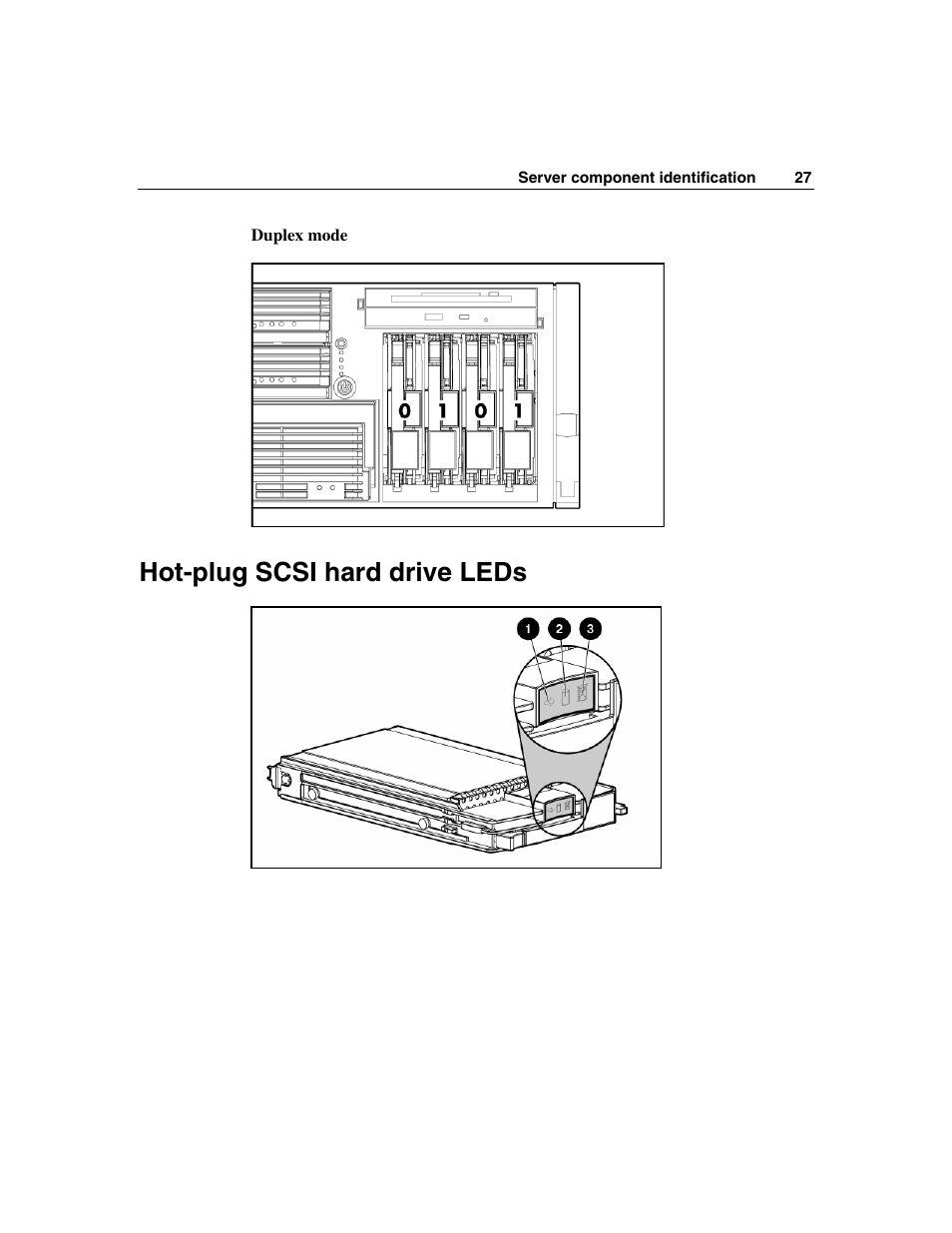 Hot-plug scsi hard drive leds | HP ProLiant DL580 G3 Server User Manual | Page 27 / 190