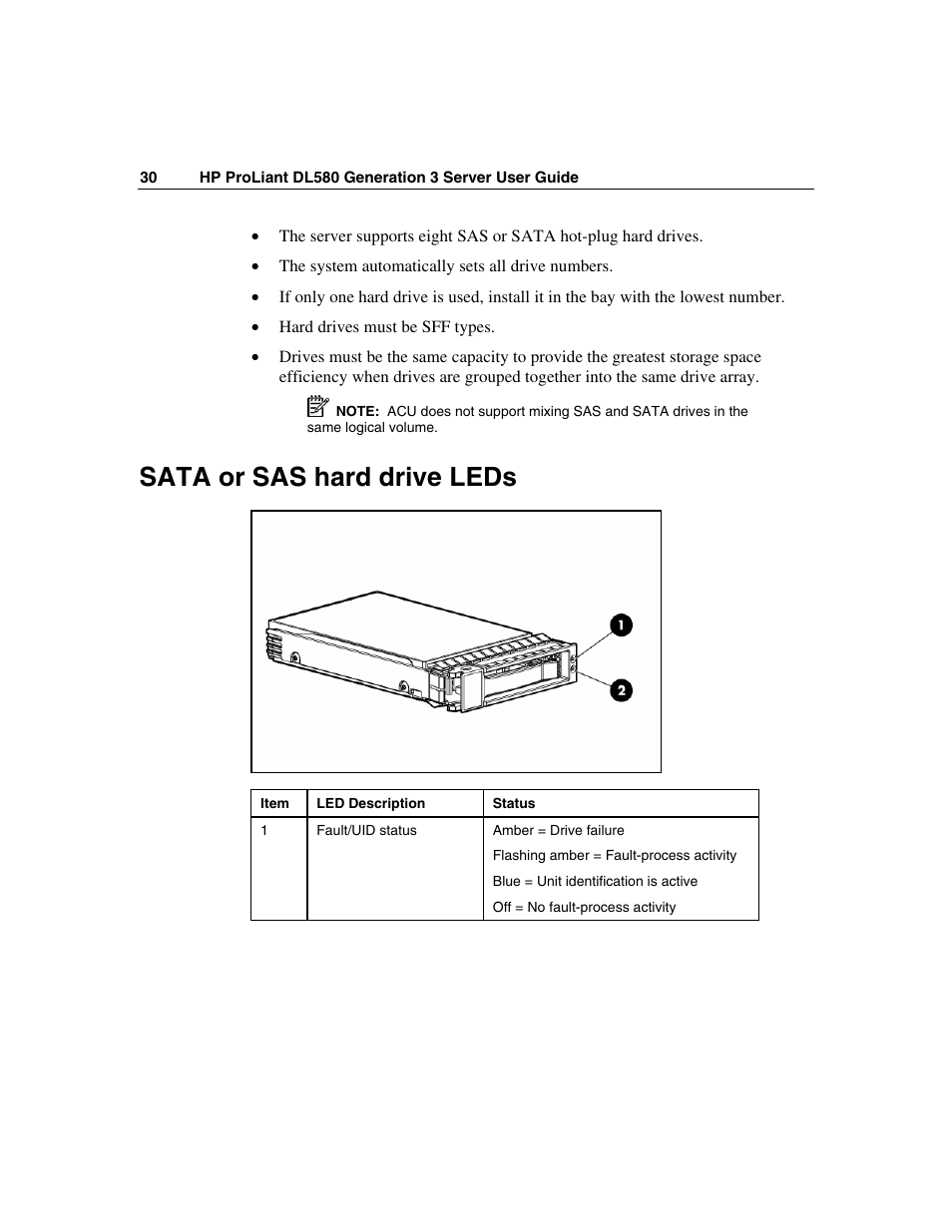 Sata or sas hard drive leds | HP ProLiant DL580 G3 Server User Manual | Page 30 / 190