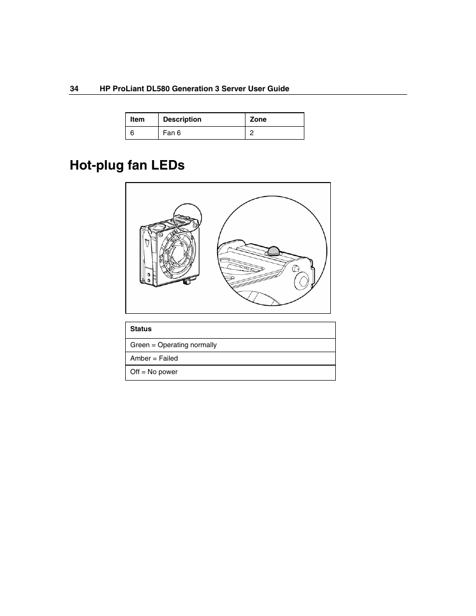 Hot-plug fan leds | HP ProLiant DL580 G3 Server User Manual | Page 34 / 190