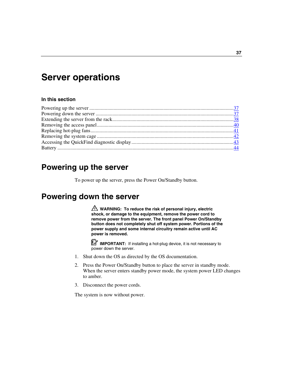 Server operations, Powering up the server, Powering down the server | HP ProLiant DL580 G3 Server User Manual | Page 37 / 190