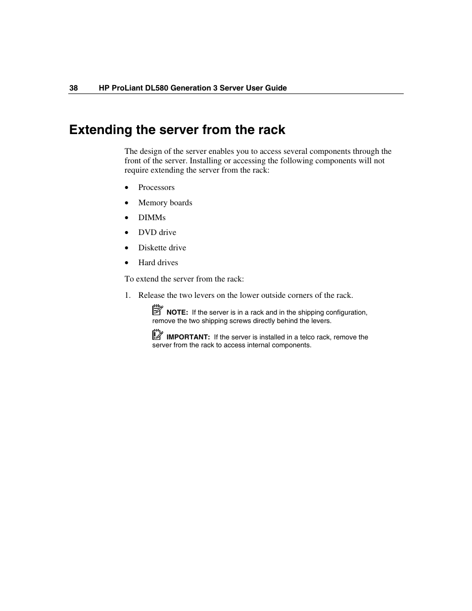 Extending the server from the rack | HP ProLiant DL580 G3 Server User Manual | Page 38 / 190