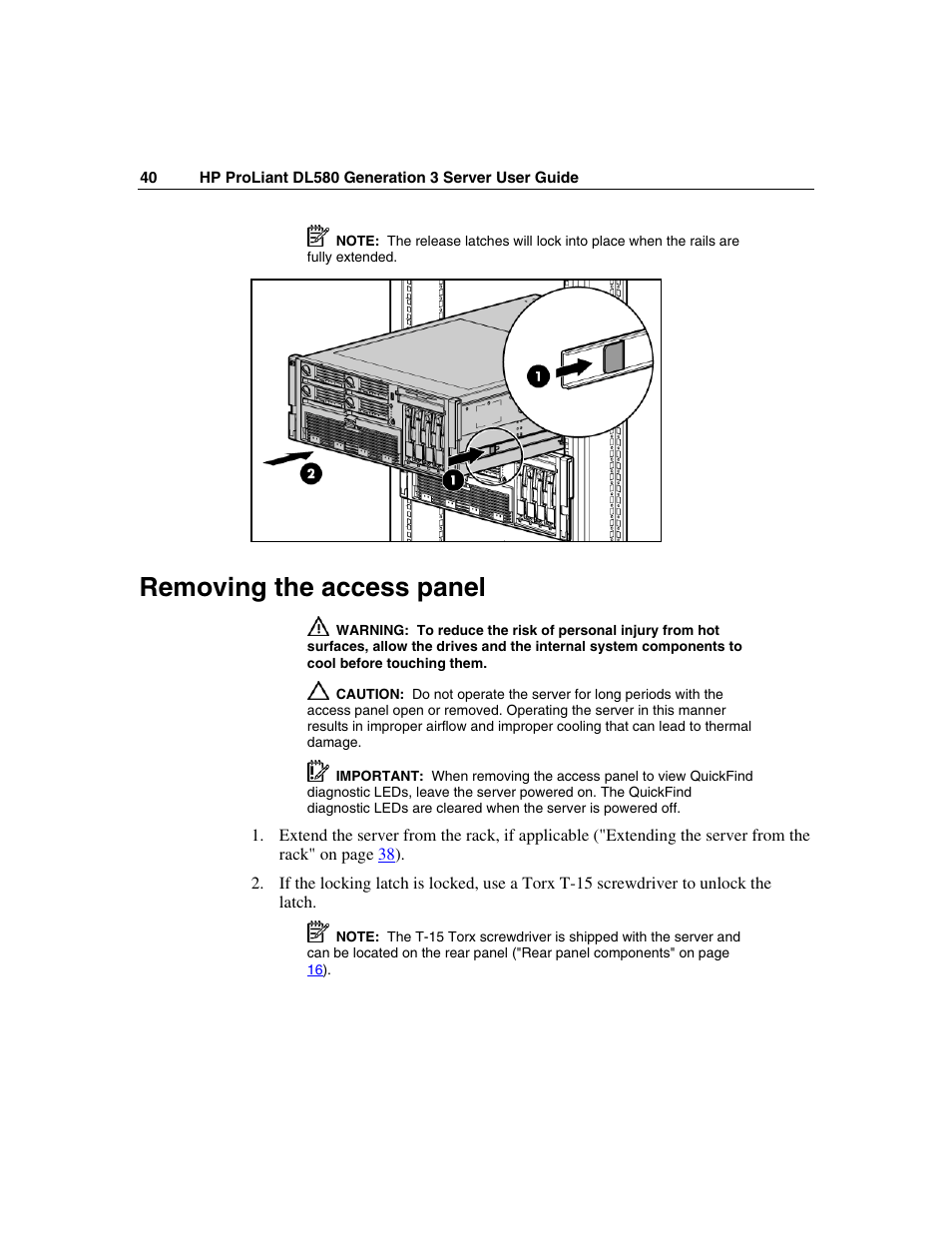 Removing the access panel | HP ProLiant DL580 G3 Server User Manual | Page 40 / 190