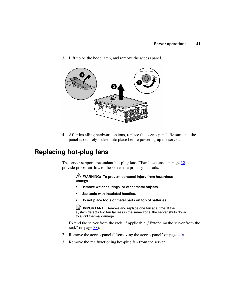 Replacing hot-plug fans | HP ProLiant DL580 G3 Server User Manual | Page 41 / 190