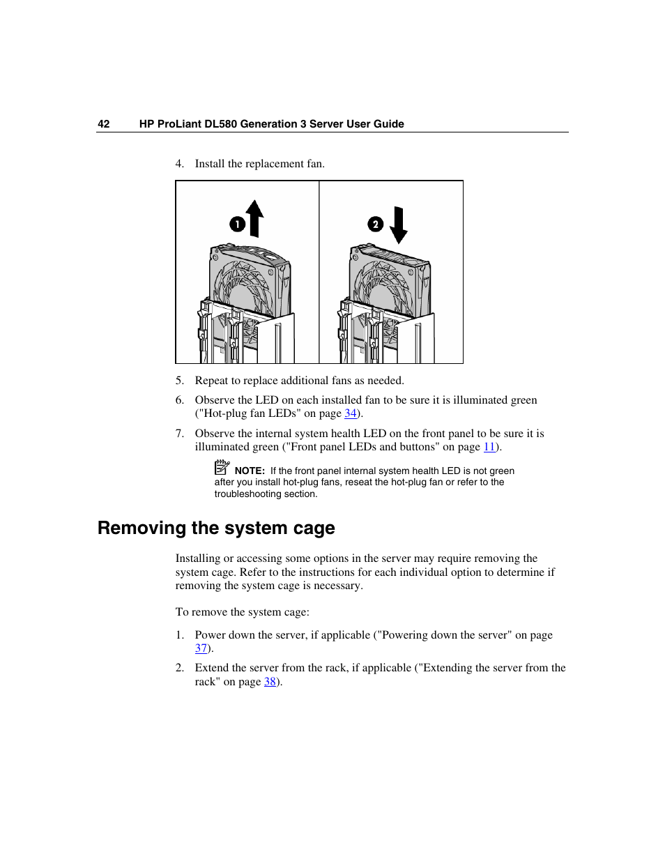 Removing the system cage | HP ProLiant DL580 G3 Server User Manual | Page 42 / 190