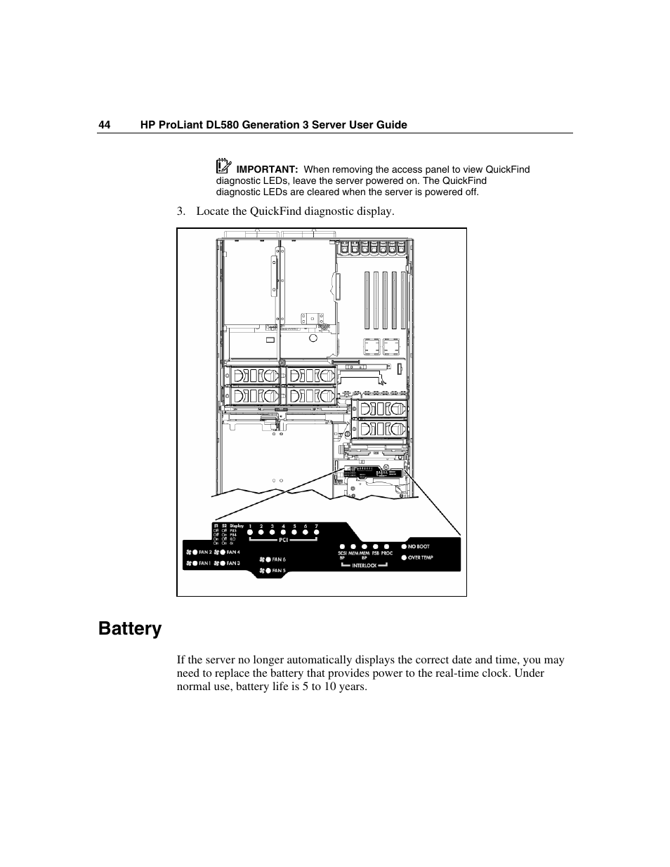 Battery | HP ProLiant DL580 G3 Server User Manual | Page 44 / 190