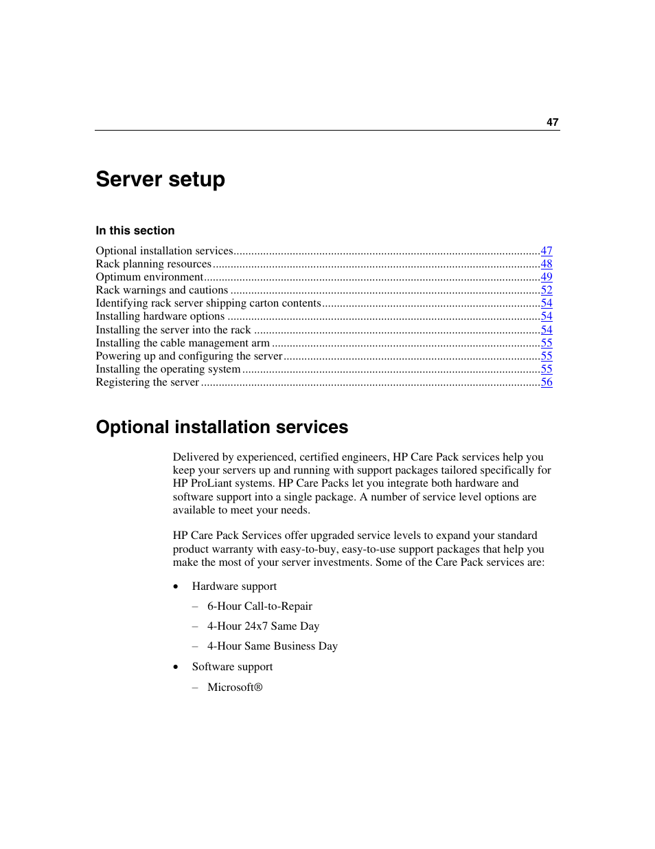 Server setup, Optional installation services | HP ProLiant DL580 G3 Server User Manual | Page 47 / 190