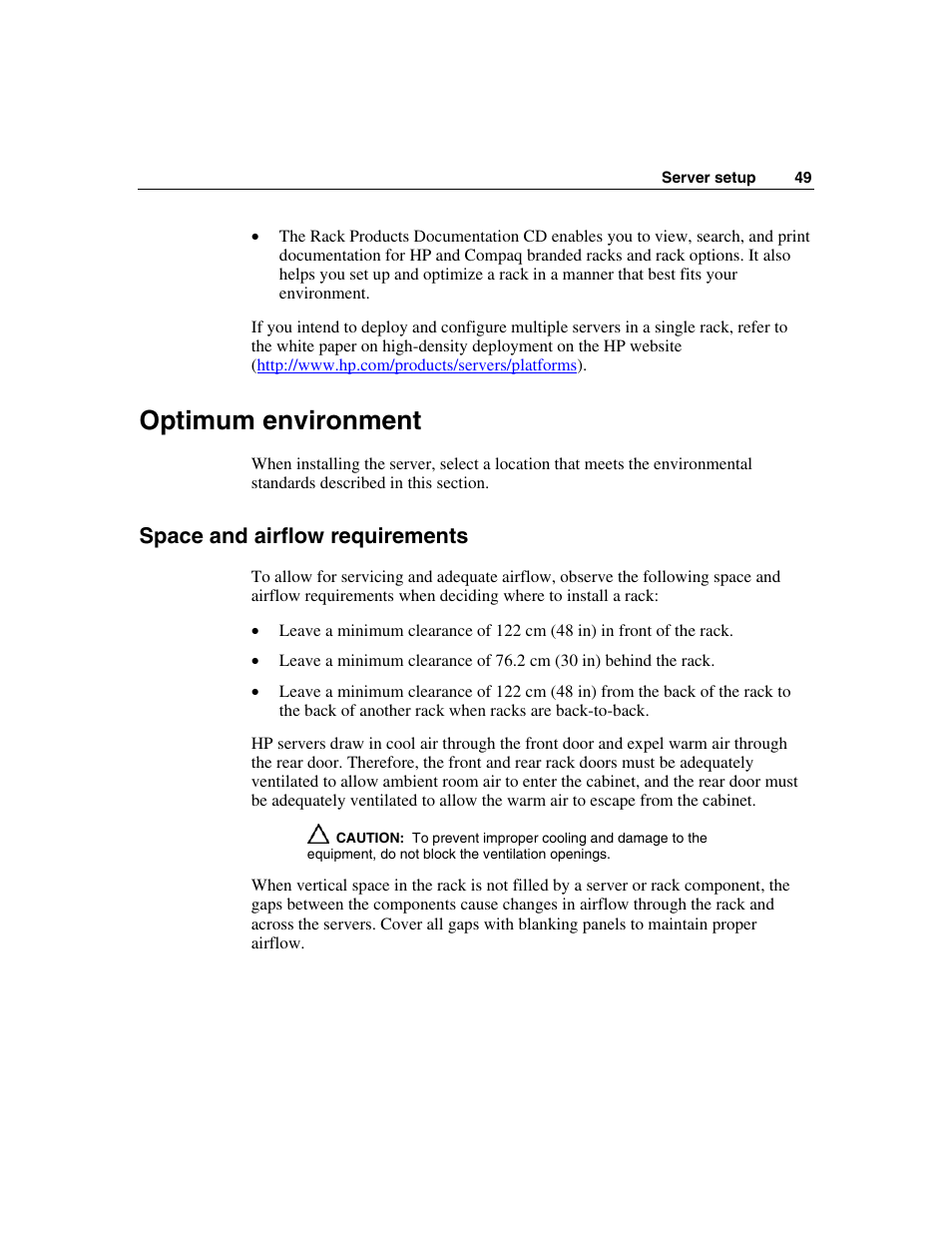 Optimum environment, Space and airflow requirements | HP ProLiant DL580 G3 Server User Manual | Page 49 / 190