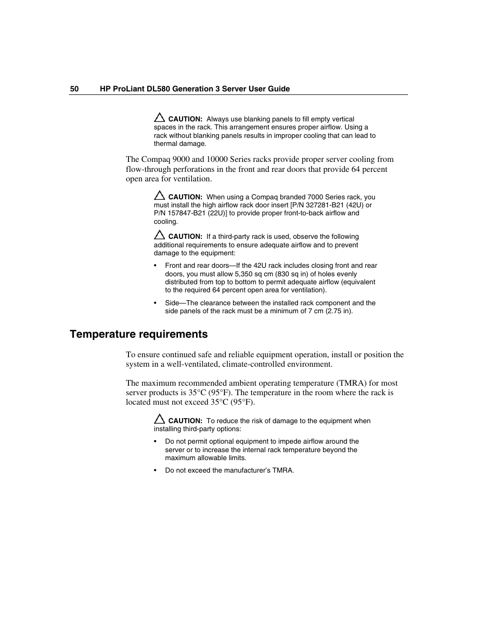 Temperature requirements | HP ProLiant DL580 G3 Server User Manual | Page 50 / 190