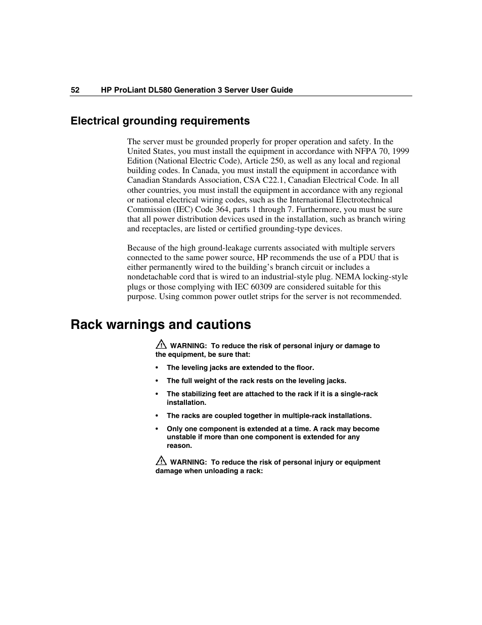 Electrical grounding requirements, Rack warnings and cautions | HP ProLiant DL580 G3 Server User Manual | Page 52 / 190