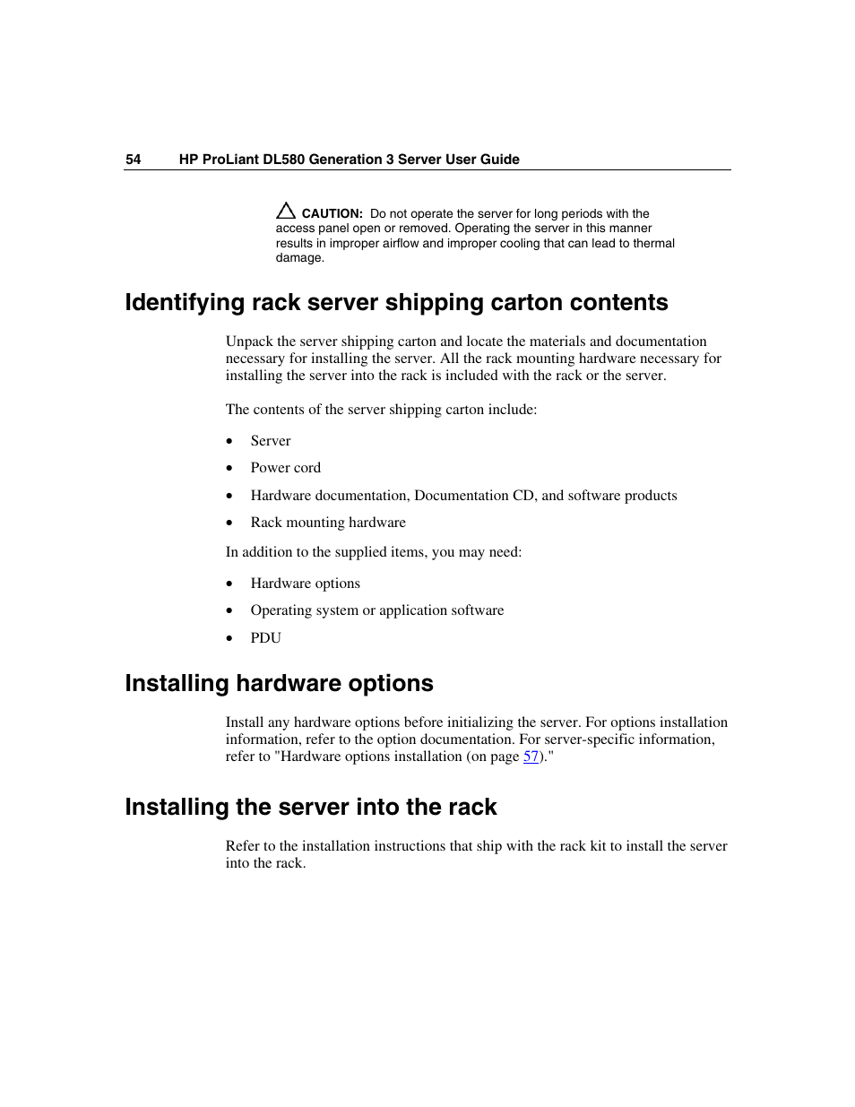 Identifying rack server shipping carton contents, Installing hardware options, Installing the server into the rack | HP ProLiant DL580 G3 Server User Manual | Page 54 / 190