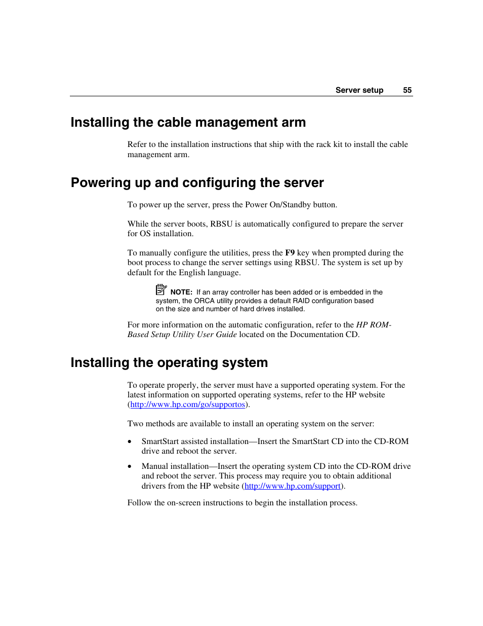 Installing the cable management arm, Powering up and configuring the server, Installing the operating system | HP ProLiant DL580 G3 Server User Manual | Page 55 / 190