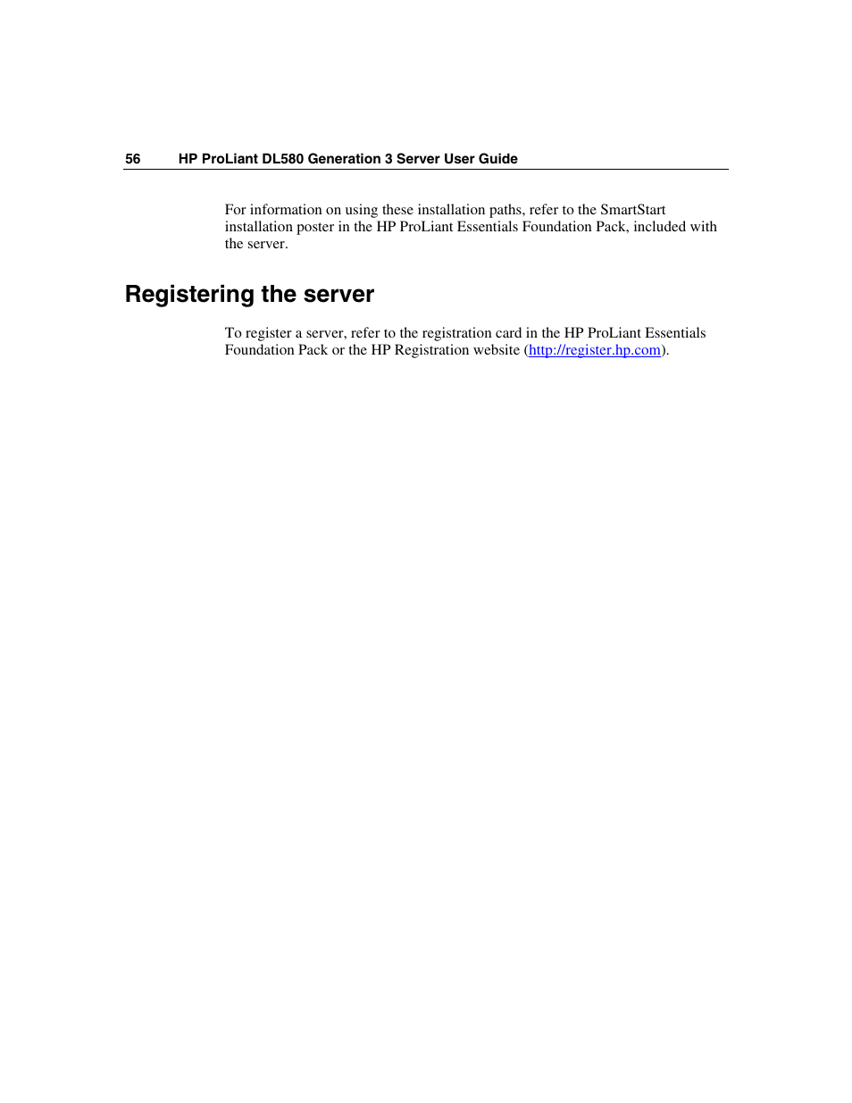 Registering the server | HP ProLiant DL580 G3 Server User Manual | Page 56 / 190