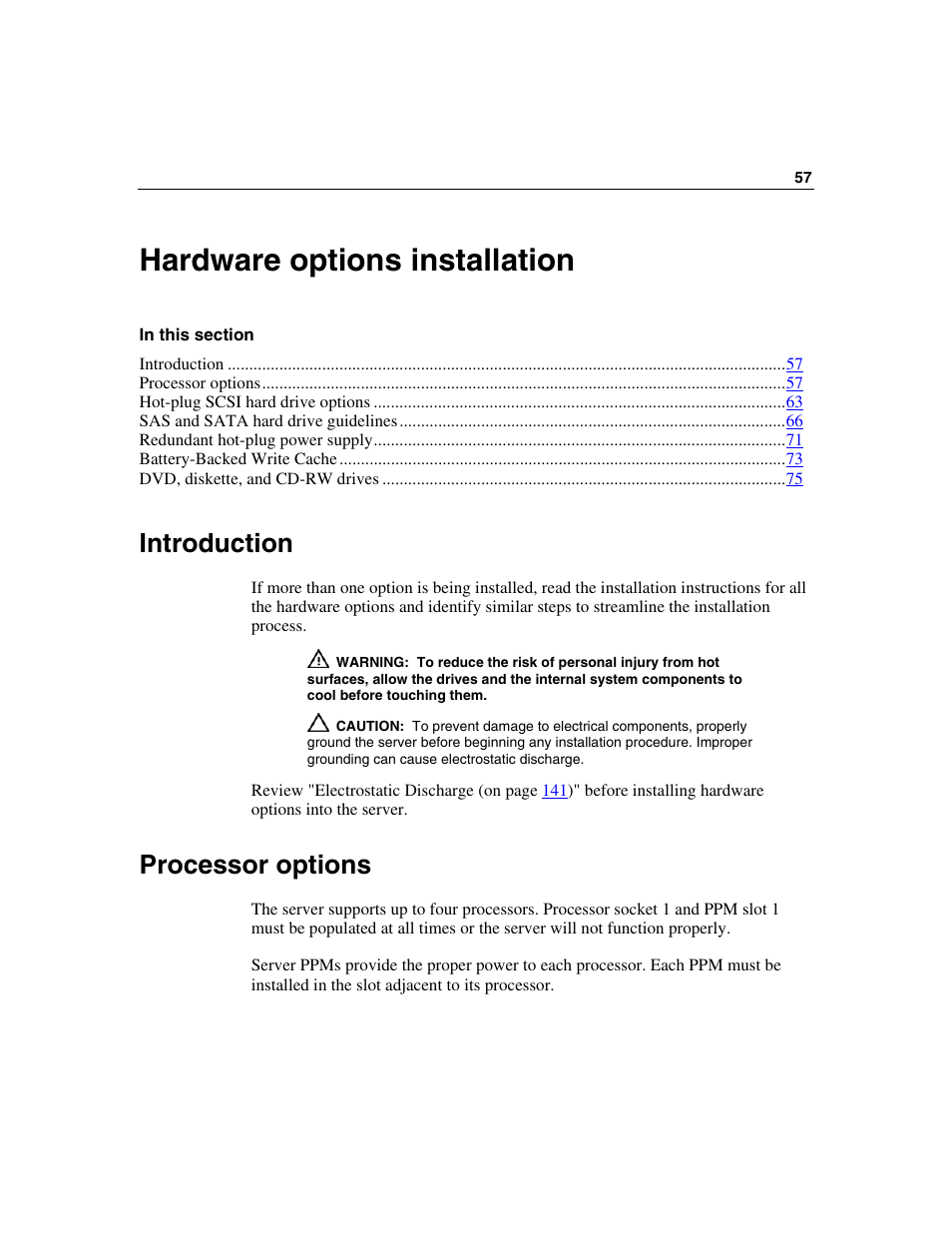 Hardware options installation, Introduction, Processor options | HP ProLiant DL580 G3 Server User Manual | Page 57 / 190