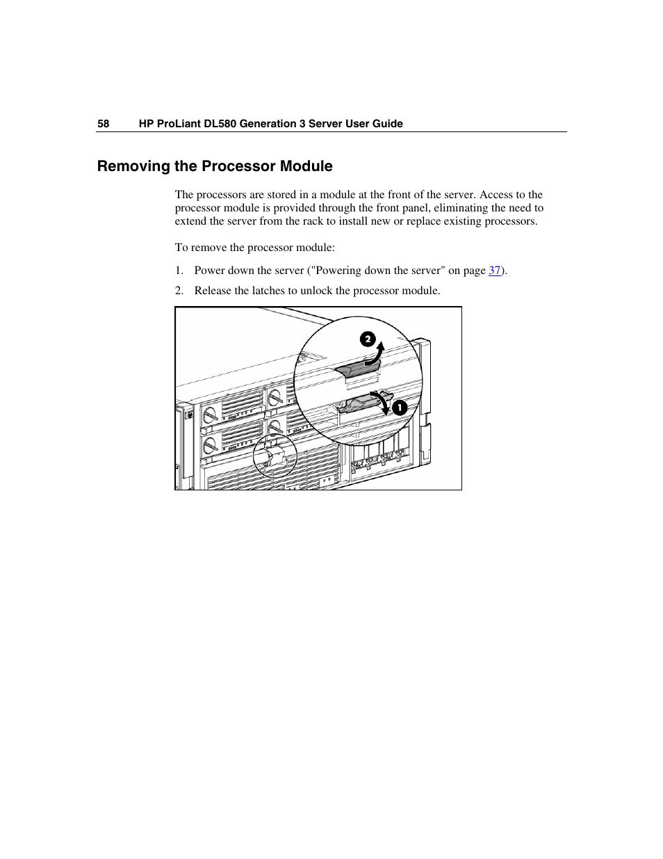 Removing the processor module | HP ProLiant DL580 G3 Server User Manual | Page 58 / 190