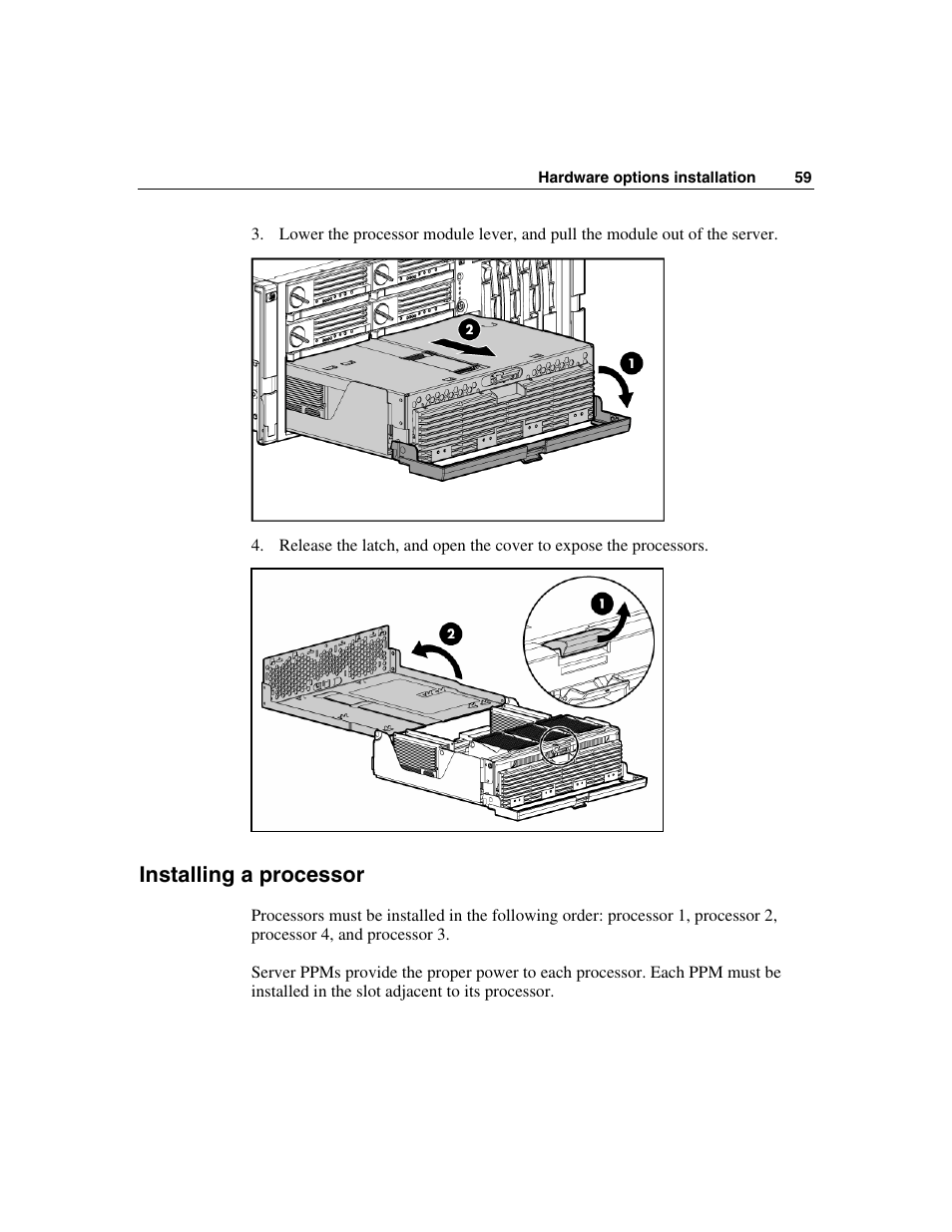 Installing a processor | HP ProLiant DL580 G3 Server User Manual | Page 59 / 190