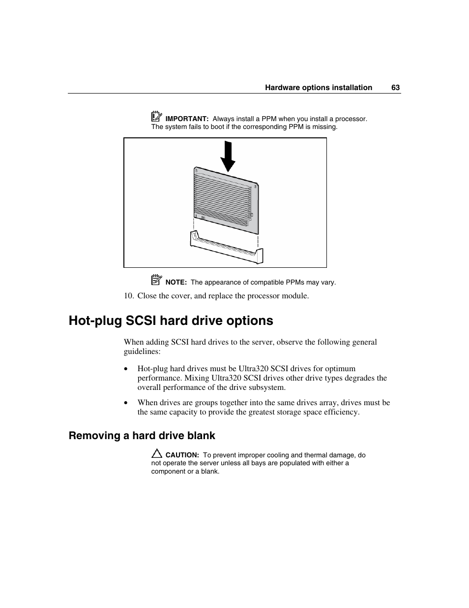 Hot-plug scsi hard drive options, Removing a hard drive blank | HP ProLiant DL580 G3 Server User Manual | Page 63 / 190