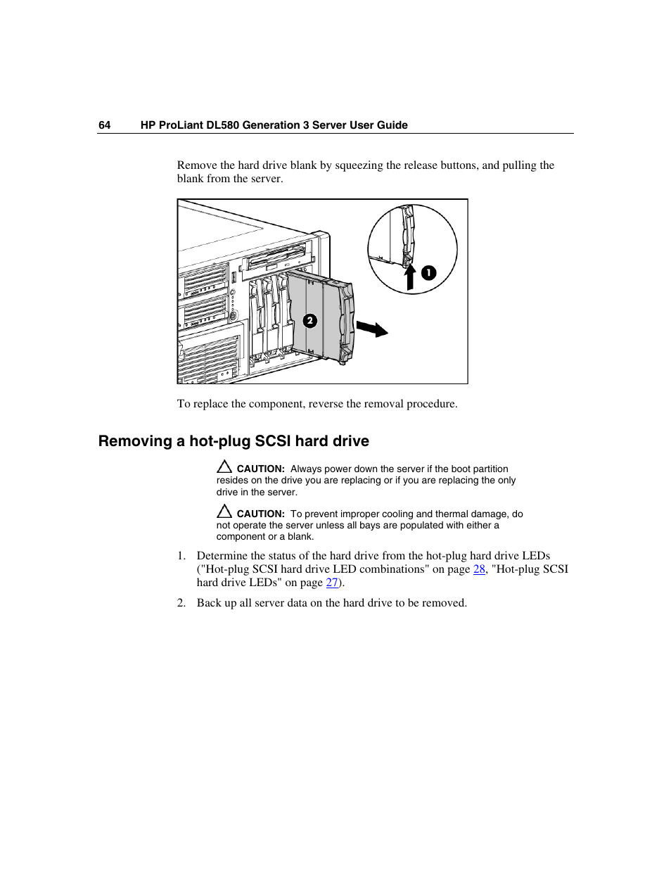 Removing a hot-plug scsi hard drive | HP ProLiant DL580 G3 Server User Manual | Page 64 / 190