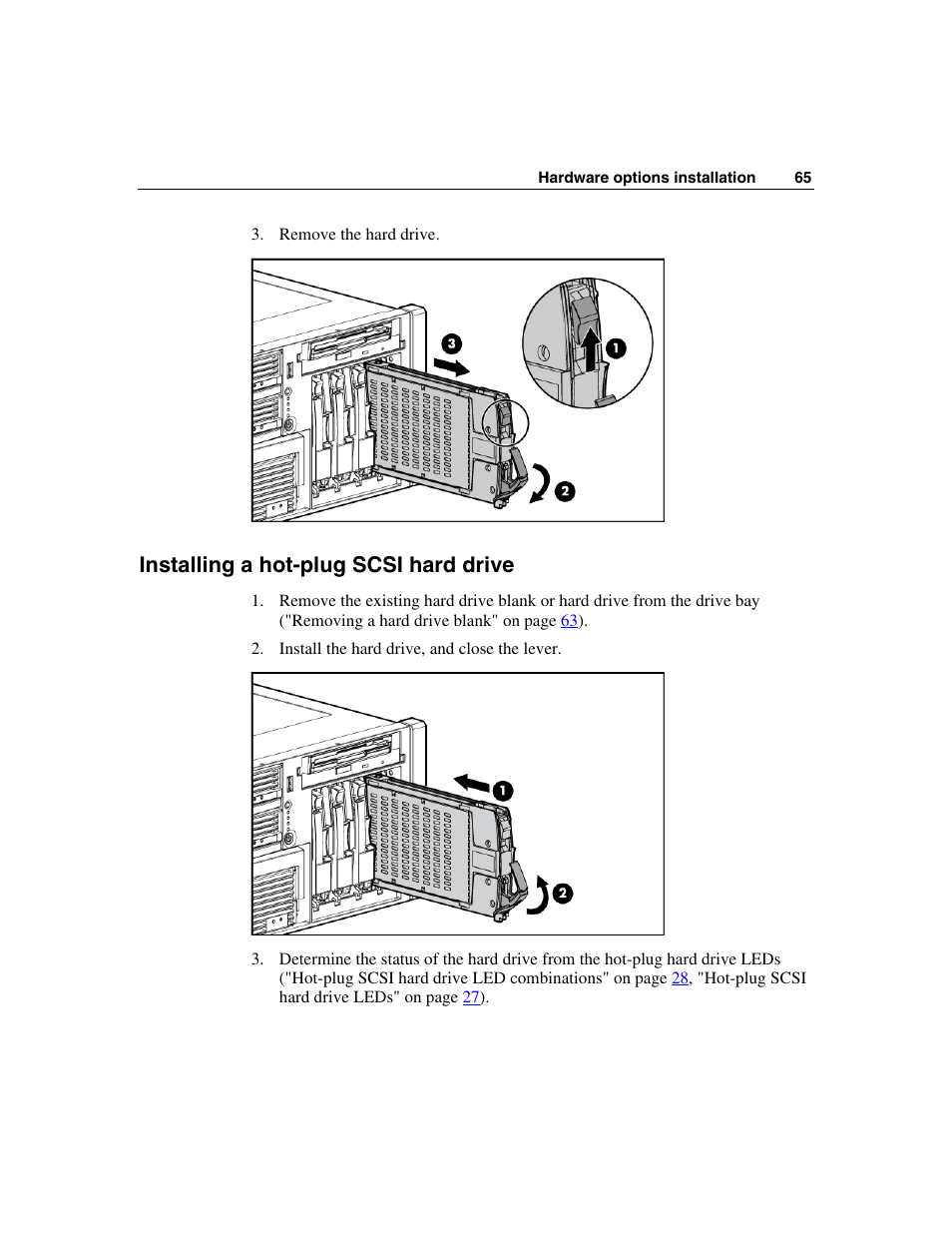 Installing a hot-plug scsi hard drive | HP ProLiant DL580 G3 Server User Manual | Page 65 / 190