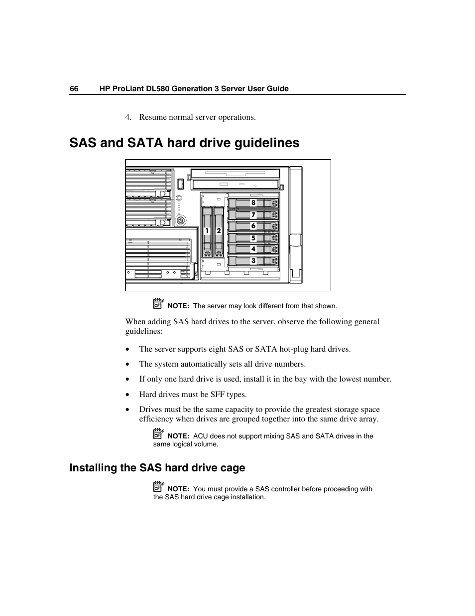 Sas and sata hard drive guidelines, Installing the sas hard drive cage | HP ProLiant DL580 G3 Server User Manual | Page 66 / 190