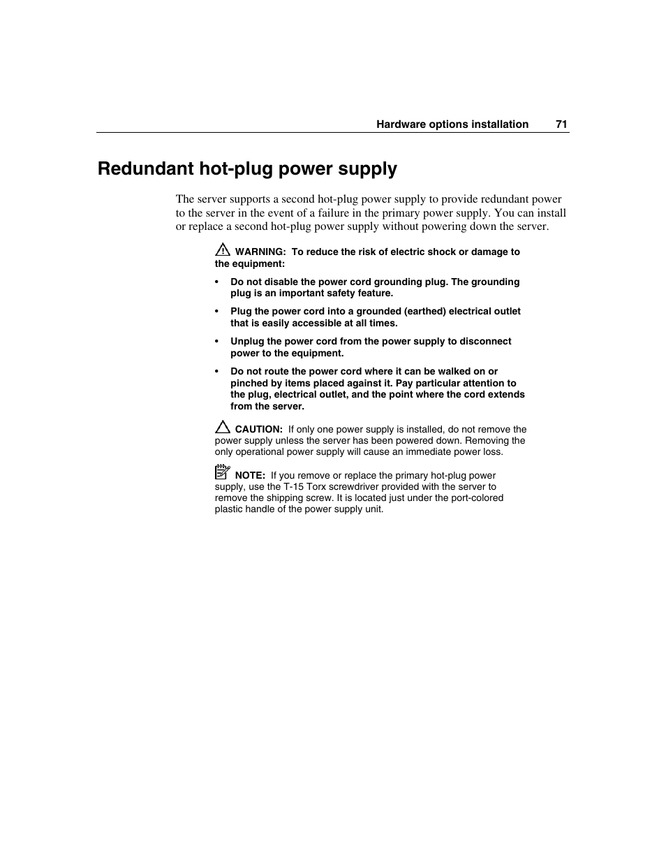 Redundant hot-plug power supply, Wer supplies ("redundant hot-plug power supply | HP ProLiant DL580 G3 Server User Manual | Page 71 / 190