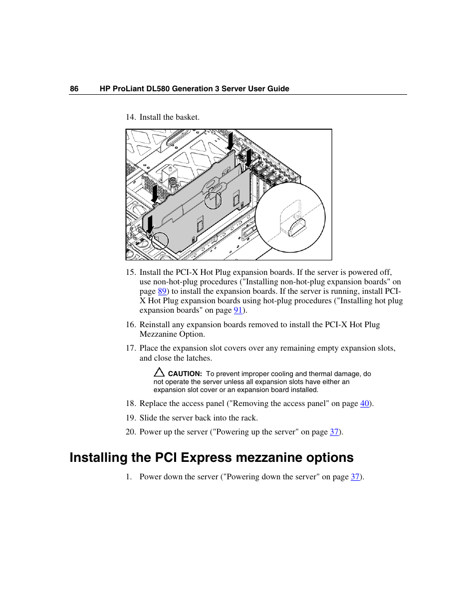 Installing the pci express mezzanine options | HP ProLiant DL580 G3 Server User Manual | Page 86 / 190