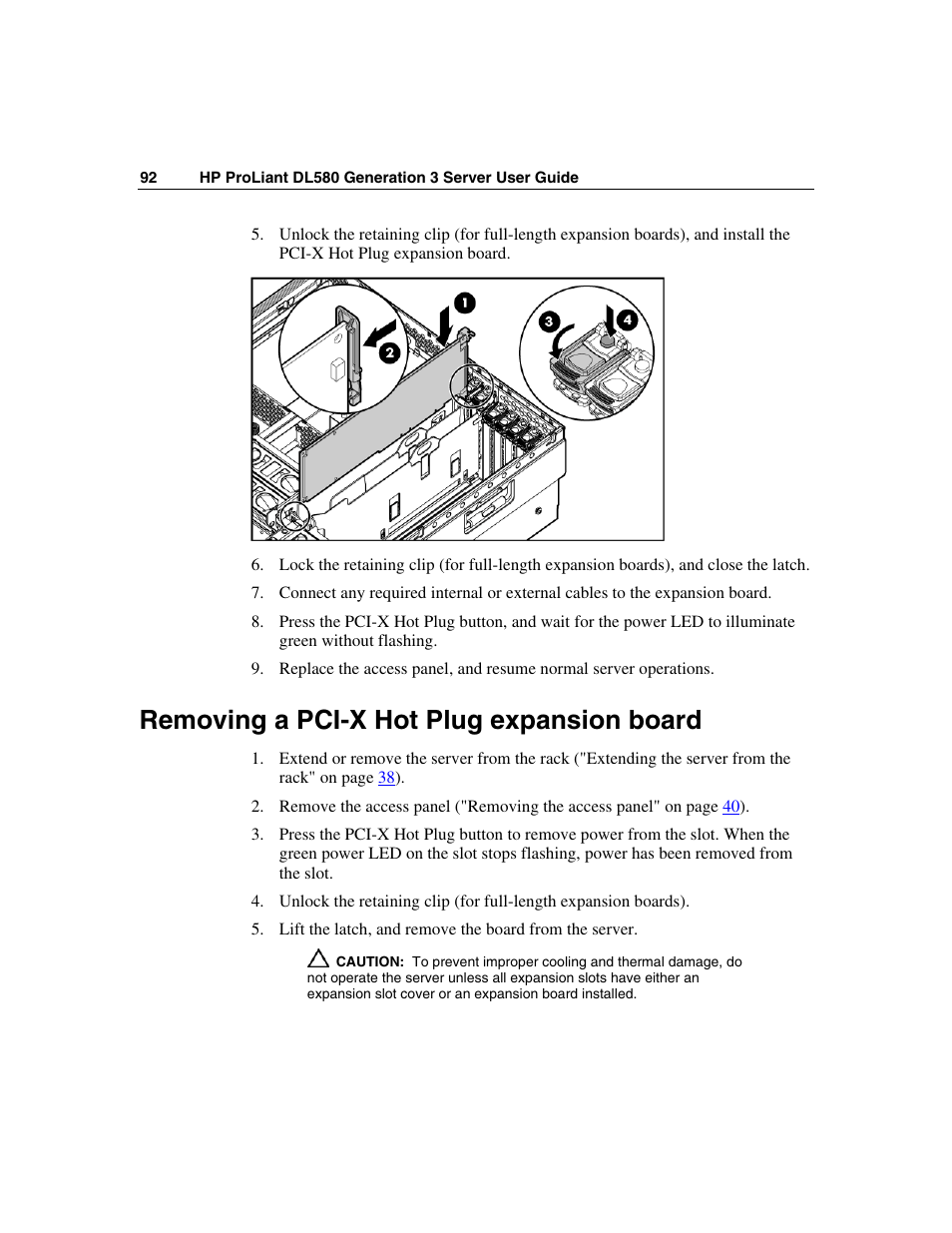 Removing a pci-x hot plug expansion board | HP ProLiant DL580 G3 Server User Manual | Page 92 / 190