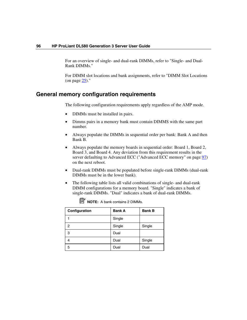 General memory configuration requirements | HP ProLiant DL580 G3 Server User Manual | Page 96 / 190