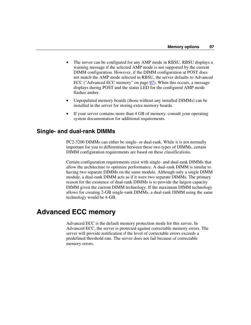 Single- and dual-rank dimms, Advanced ecc memory, Advanced ecc ("advanced ecc memory" on | HP ProLiant DL580 G3 Server User Manual | Page 97 / 190