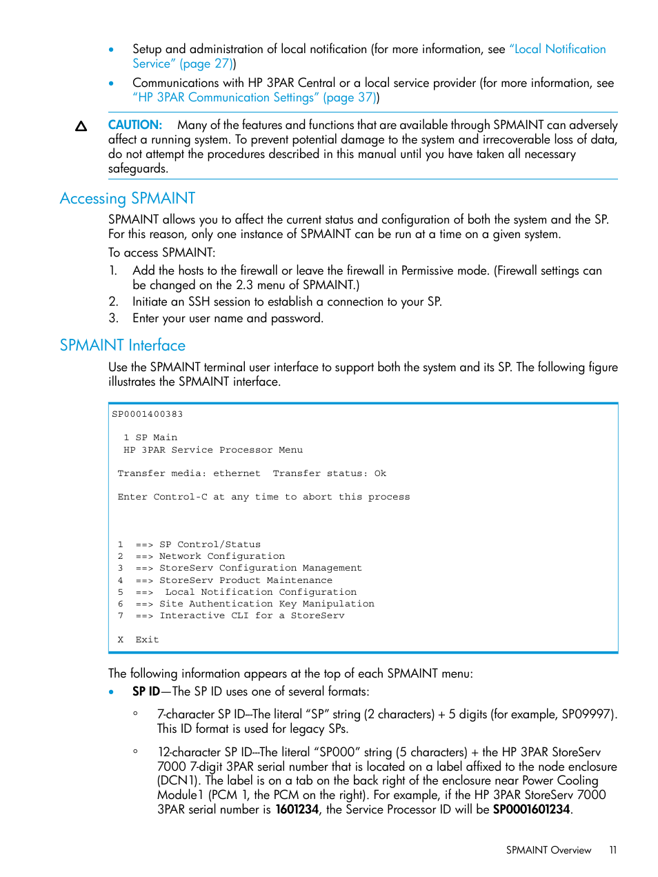 Accessing spmaint, Spmaint interface, Accessing spmaint spmaint interface | HP 3PAR Service Processors User Manual | Page 11 / 51