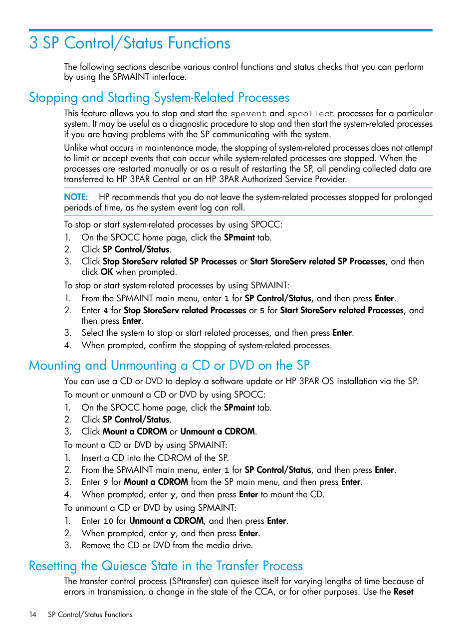 3 sp control/status functions, Stopping and starting system-related processes, Mounting and unmounting a cd or dvd on the sp | HP 3PAR Service Processors User Manual | Page 14 / 51