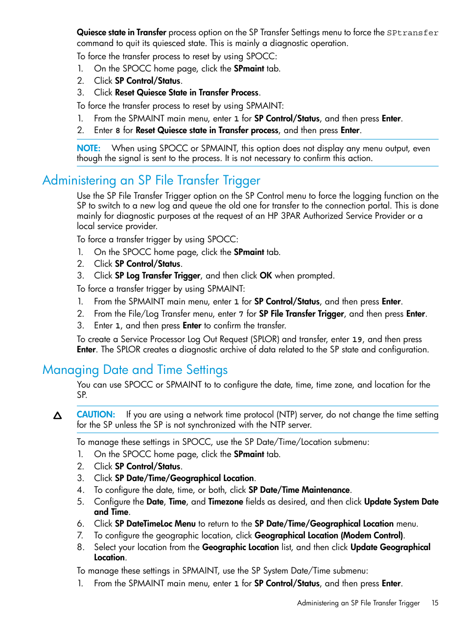 Administering an sp file transfer trigger, Managing date and time settings | HP 3PAR Service Processors User Manual | Page 15 / 51