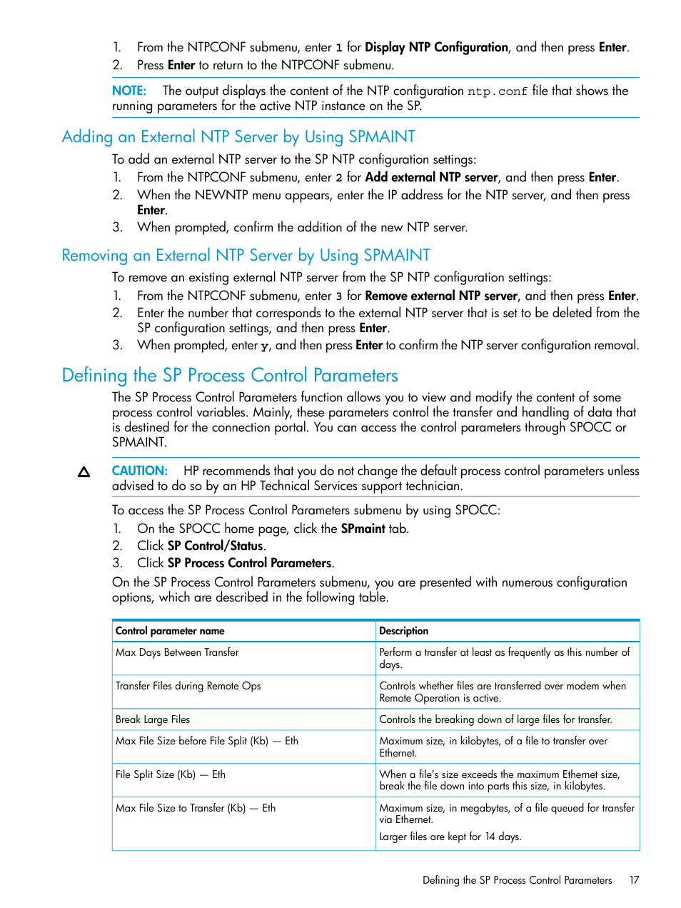 Adding an external ntp server by using spmaint, Removing an external ntp server by using spmaint, Defining the sp process control parameters | HP 3PAR Service Processors User Manual | Page 17 / 51