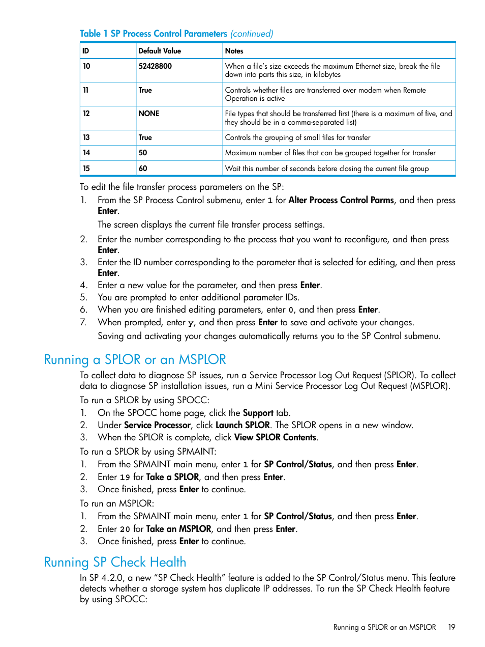 Running a splor or an msplor, Running sp check health | HP 3PAR Service Processors User Manual | Page 19 / 51