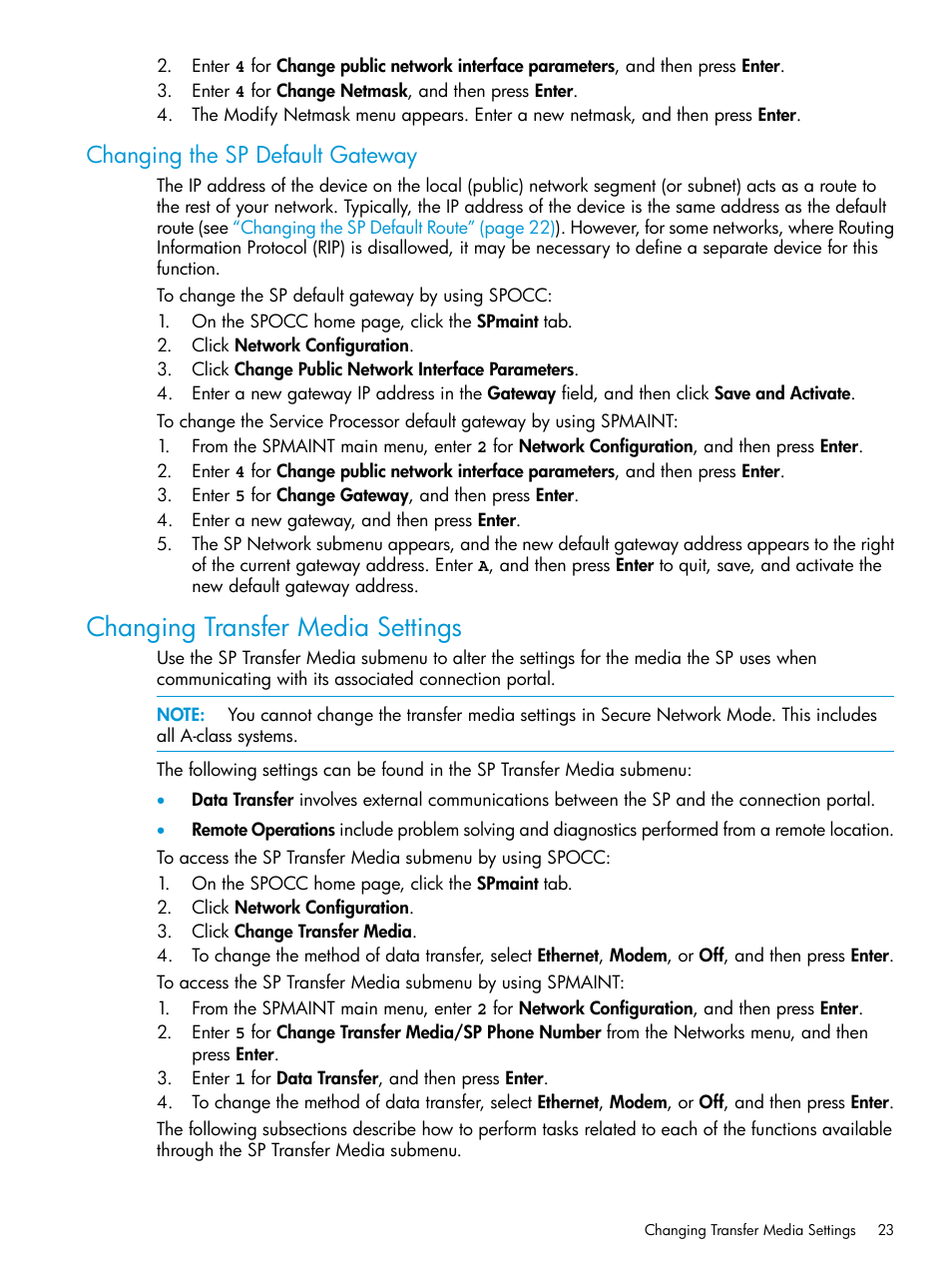 Changing the sp default gateway, Changing transfer media settings | HP 3PAR Service Processors User Manual | Page 23 / 51