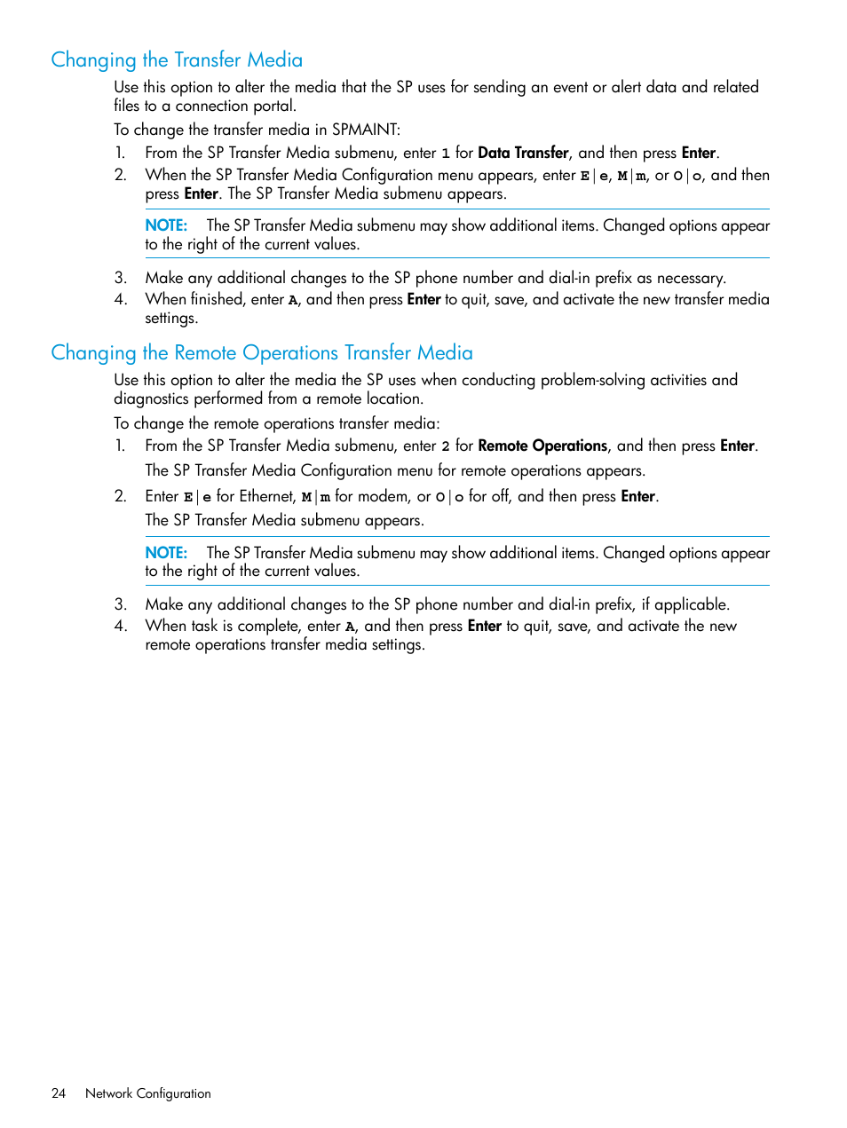 Changing the transfer media, Changing the remote operations transfer media | HP 3PAR Service Processors User Manual | Page 24 / 51