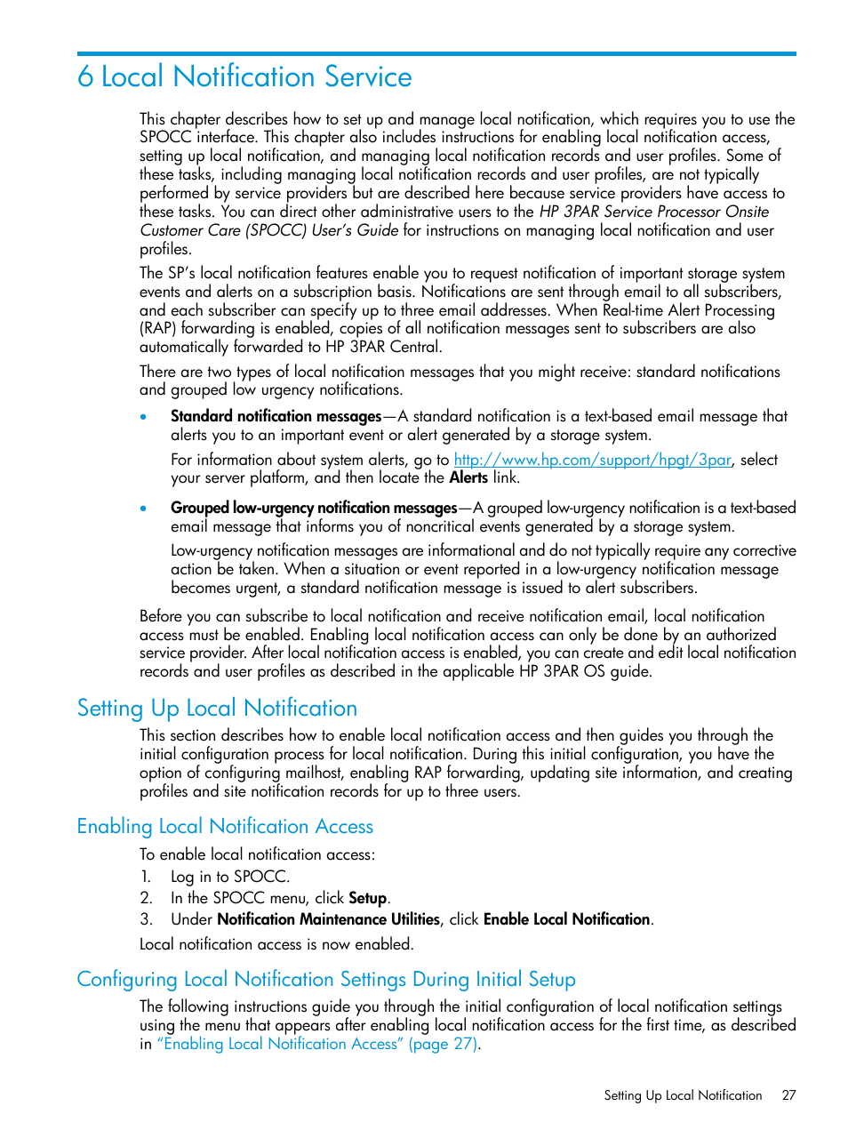 6 local notification service, Setting up local notification, Enabling local notification access | HP 3PAR Service Processors User Manual | Page 27 / 51