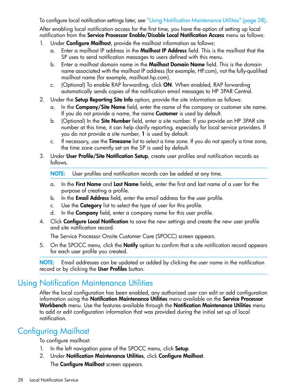 Using notification maintenance utilities, Configuring mailhost | HP 3PAR Service Processors User Manual | Page 28 / 51