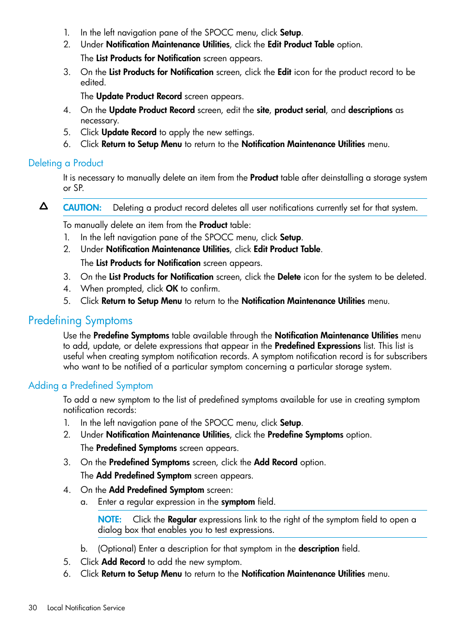 Deleting a product, Predefining symptoms, Adding a predefined symptom | HP 3PAR Service Processors User Manual | Page 30 / 51