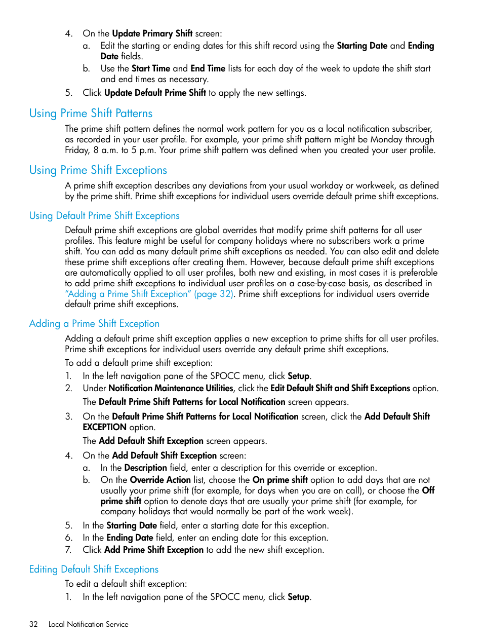 Using prime shift patterns, Using prime shift exceptions, Using default prime shift exceptions | Adding a prime shift exception, Editing default shift exceptions | HP 3PAR Service Processors User Manual | Page 32 / 51