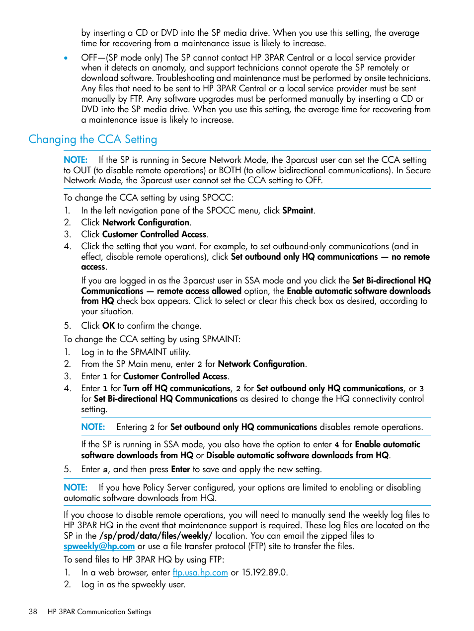 Changing the cca setting | HP 3PAR Service Processors User Manual | Page 38 / 51