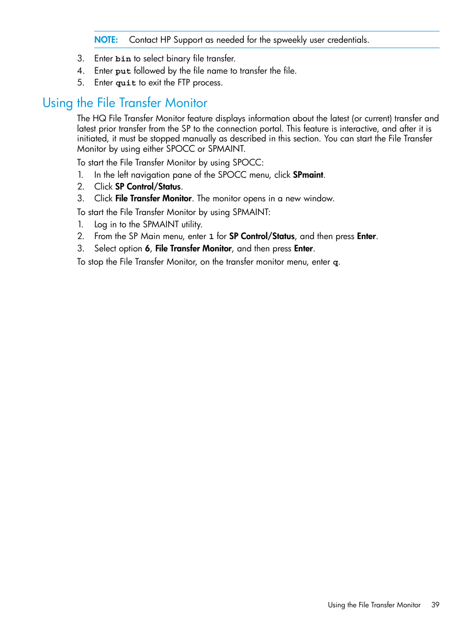 Using the file transfer monitor | HP 3PAR Service Processors User Manual | Page 39 / 51