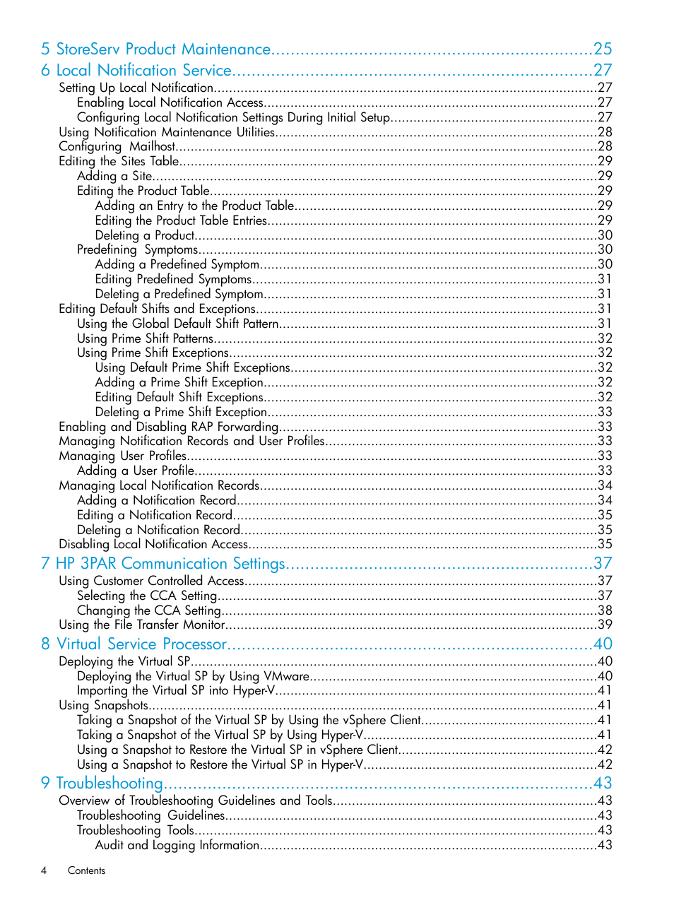 7 hp 3par communication settings, 8 virtual service processor, 9 troubleshooting | HP 3PAR Service Processors User Manual | Page 4 / 51