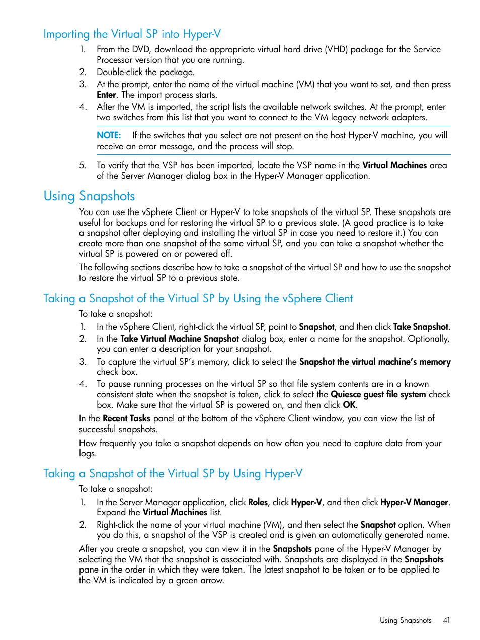 Importing the virtual sp into hyper-v, Using snapshots | HP 3PAR Service Processors User Manual | Page 41 / 51