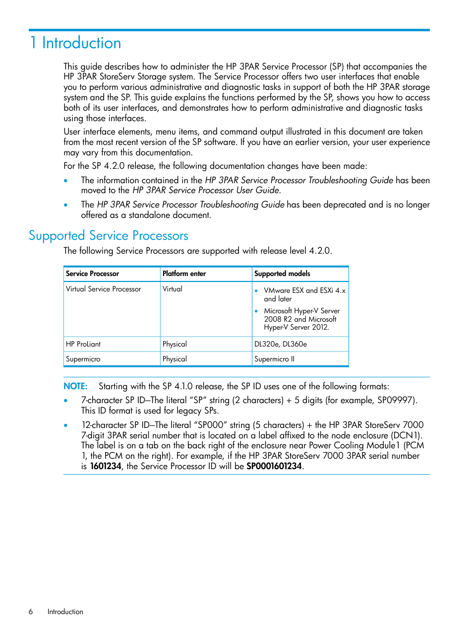 1 introduction, Supported service processors | HP 3PAR Service Processors User Manual | Page 6 / 51