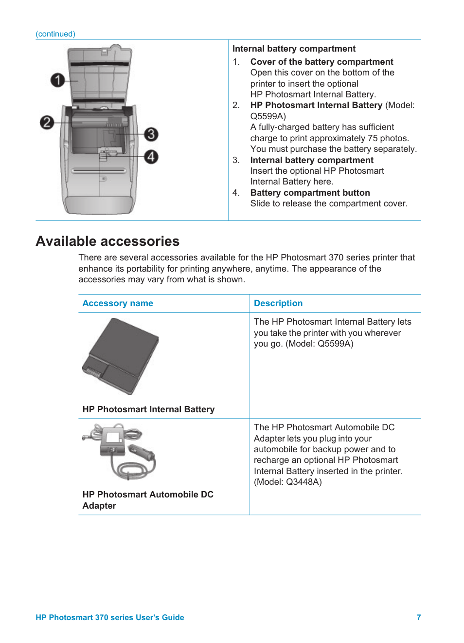 Available accessories | HP Photosmart 375 Compact Photo Printer User Manual | Page 10 / 66