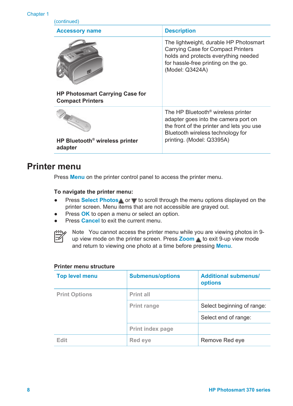 Printer menu | HP Photosmart 375 Compact Photo Printer User Manual | Page 11 / 66