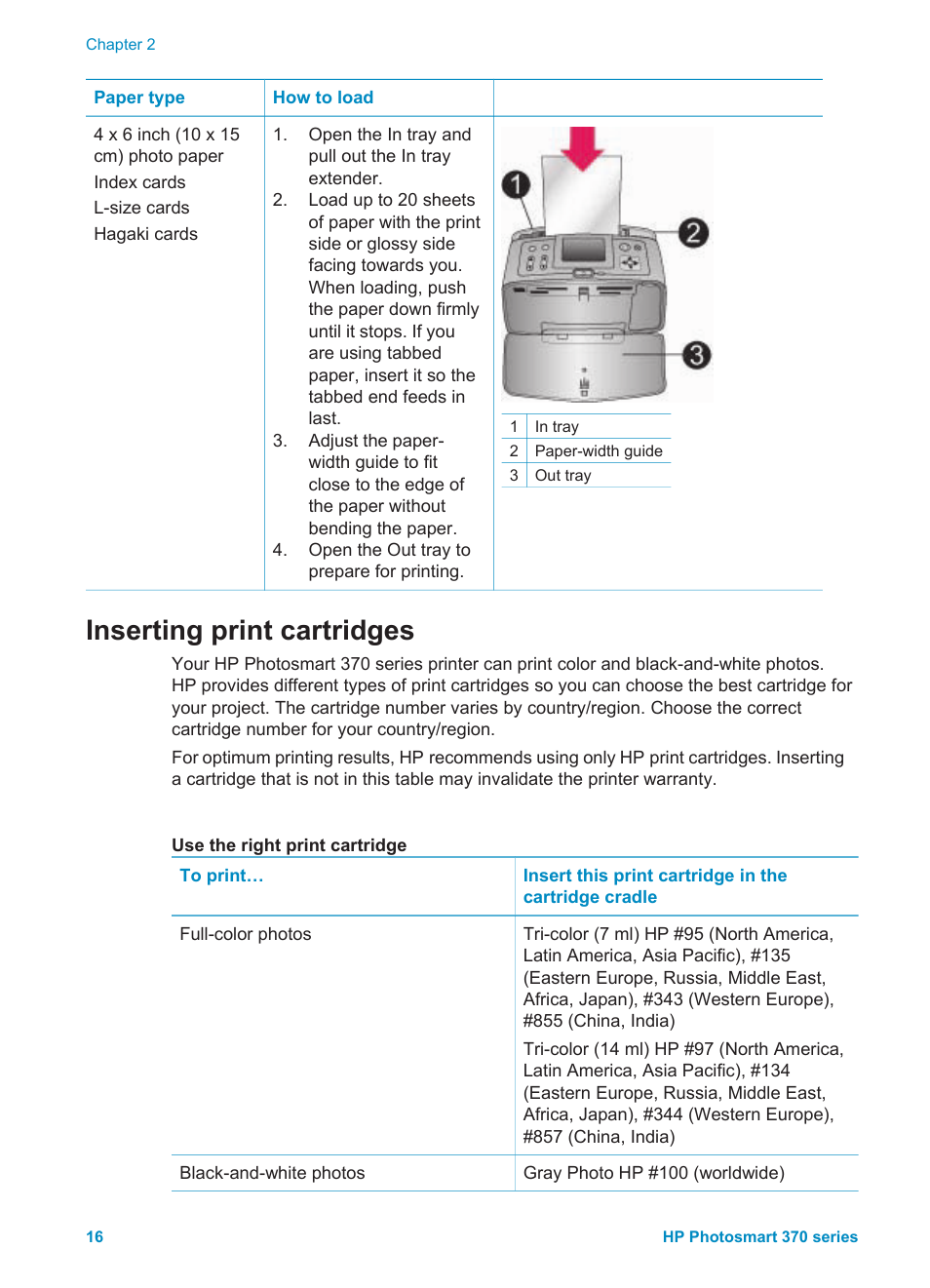 Inserting print cartridges | HP Photosmart 375 Compact Photo Printer User Manual | Page 19 / 66